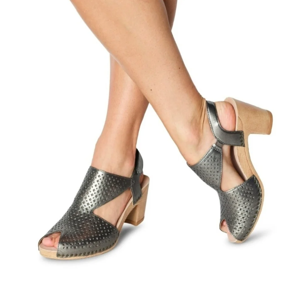 NEW Dansko Teagan Leather Peep Toe Heeled‎ Sandals Gunmetal 38 US 7.5-8